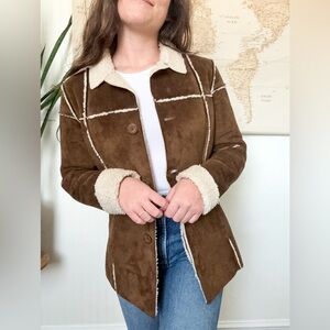 lei Brown Shearling-Trim Teddy Jacket with Cream Accents